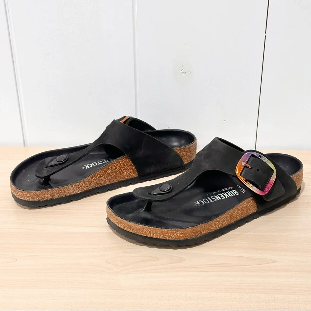 Birkenstock Gizeh Big Buckle Nubuck Leather In Black Size 7 - Picture 5 of 9